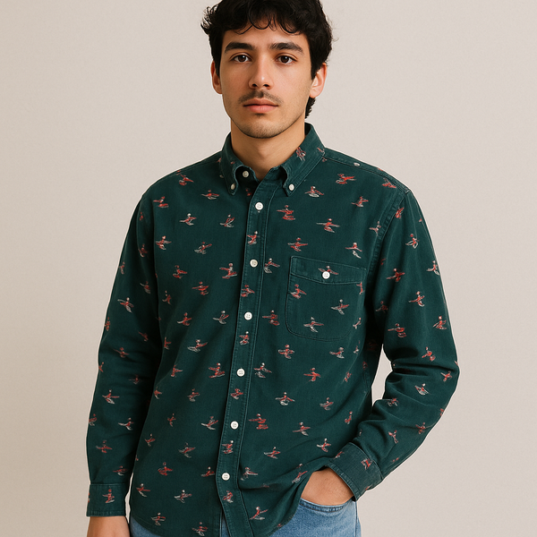 Vintage Corduroy Printed Shirt – Green | Size L | Thrifted