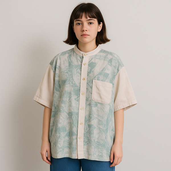 Vintage Danpol Printed Band Collar Shirt – Size L (Thrifted)