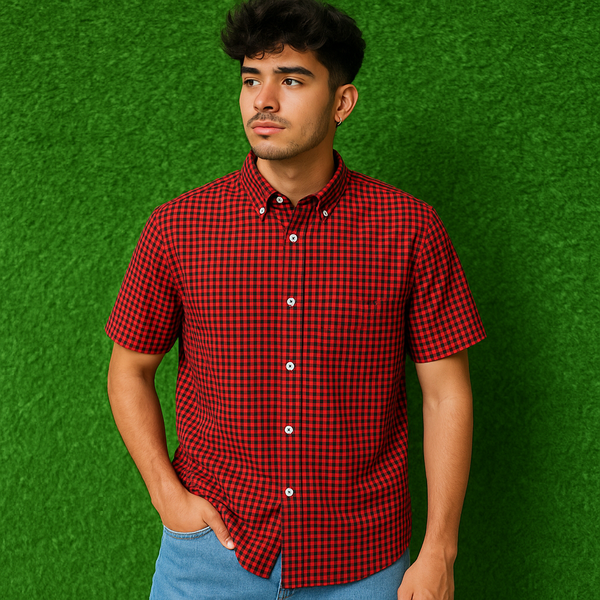 Timberland Red & Black Gingham Check Short Sleeve Shirt  - Medium