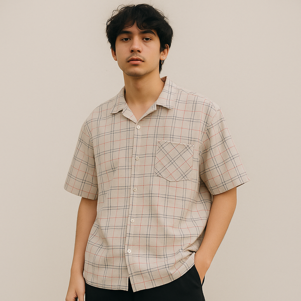 SPITINICK Beige Checkered Short Sleeve Shirt – Size M (Thrifted)