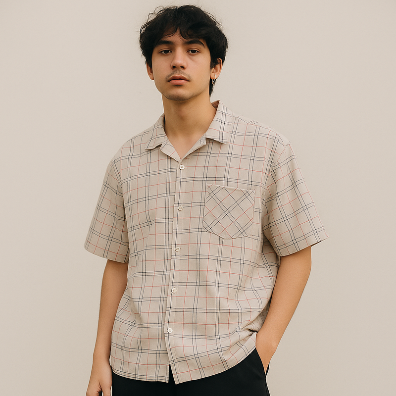 SPITINICK Beige Checkered Short Sleeve Shirt – Size M (Thrifted)