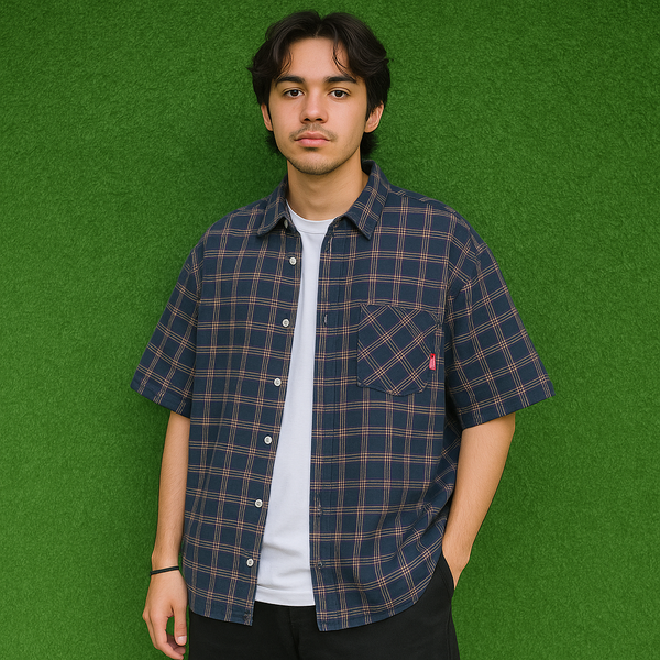 AshBurn Navy & Brown Checked Shirt – Size Large (Thrifted)