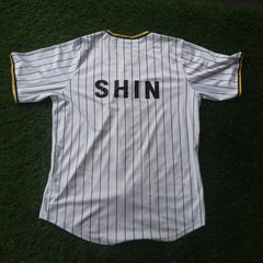 Custom Pinstripe Baseball Jersey “SHIN” – XL (Thrifted)