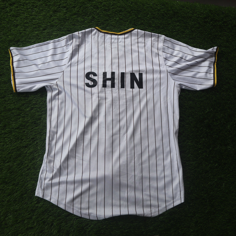 Custom Pinstripe Baseball Jersey “SHIN” – XL (Thrifted)