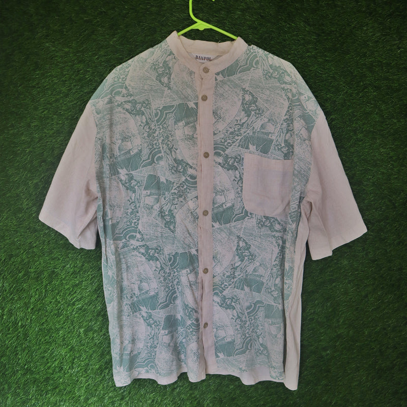 Vintage Danpol Printed Band Collar Shirt – Size L (Thrifted)