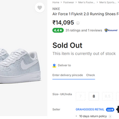 Air Force 1 Flyknit 2.0 Running Shoes For Men  (White , 9)- Pre owned