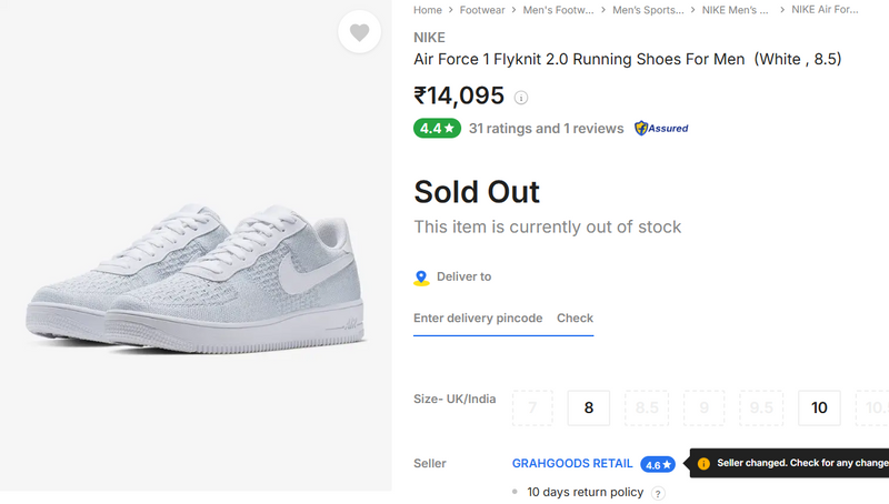 Air Force 1 Flyknit 2.0 Running Shoes For Men  (White , 9)- Pre owned